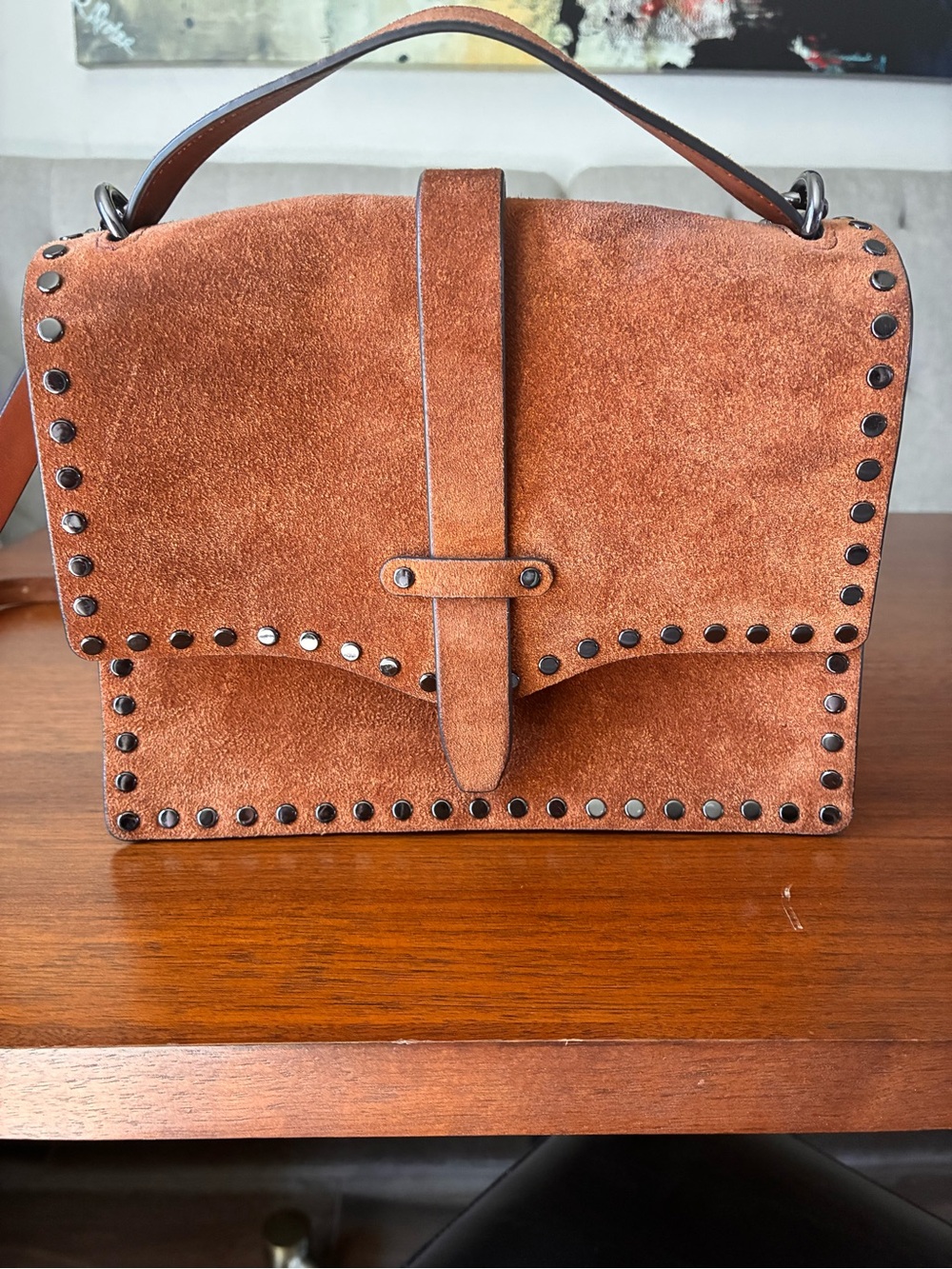 Rebecca Minkoff Suede Satchel in Cognac Brown with Stud Accents